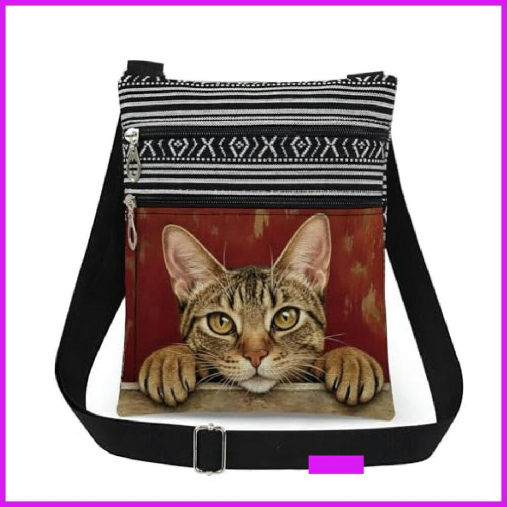 Adjustable Strap Crossbody Bag Minimal Chic Cat Print Dual Compartments - Picture 2 of 8